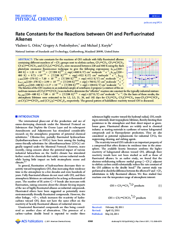 (PDF) Rate Constants for the Reactions between OH and Perfluorinated ...