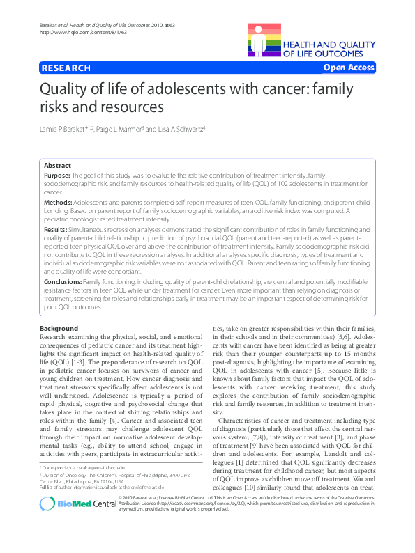 (PDF) Quality of life of adolescents with cancer: family risks and ...