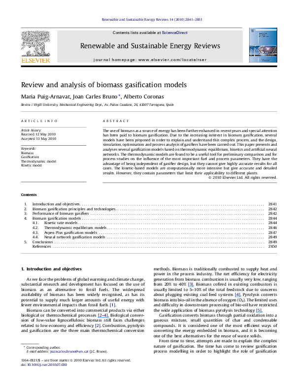 (PDF) Review and analysis of biomass gasification models