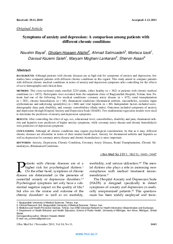 (PDF) Symptoms of anxiety and depression: A comparison among patients ...