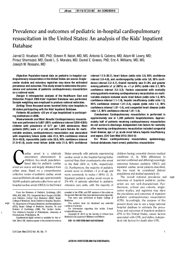 (PDF) Prevalence and outcomes of pediatric in-hospital cardiopulmonary ...