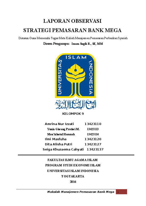 Doc Laporan Observasi Strategi Pemasaran Bank Mega Mauizhotul Hasanah Academia Edu