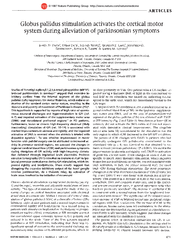 (PDF) Globus pallidus stimulation activates the cortical motor system ...
