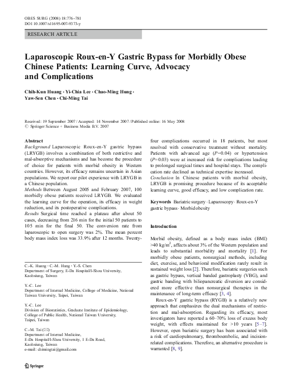 (PDF) Laparoscopic Roux-en-Y Gastric Bypass for Morbid Obesity: Results ...