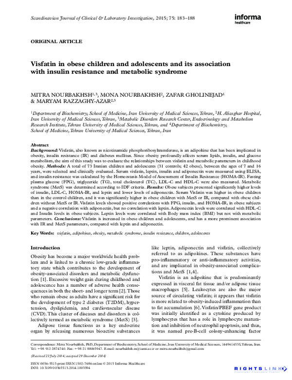 (PDF) Visfatin in obese children and adolescents and its association ...