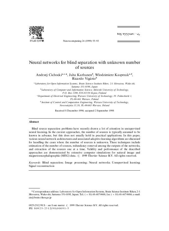 (PDF) Neural networks for blind separation with unknown number of sources