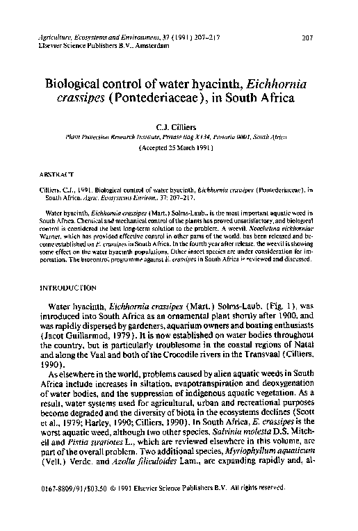 (PDF) Biological control of water hyacinth, Eichhornia crassipes