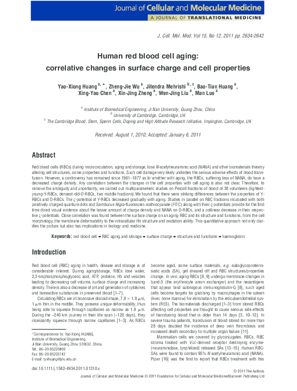 (PDF) Human red blood cell aging: correlative changes in surface charge ...