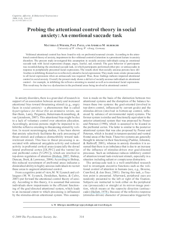 (PDF) Probing the attentional control theory in social anxiety: An ...