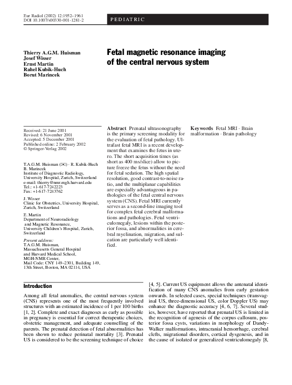 (PDF) Fetal magnetic resonance imaging of the central nervous system: a ...