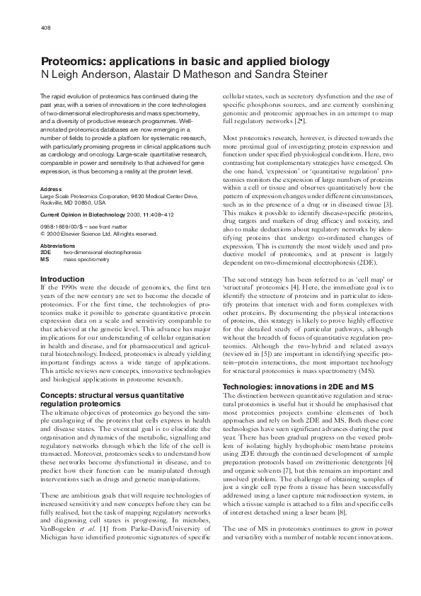 (PDF) Proteomics: applications in basic and applied biology