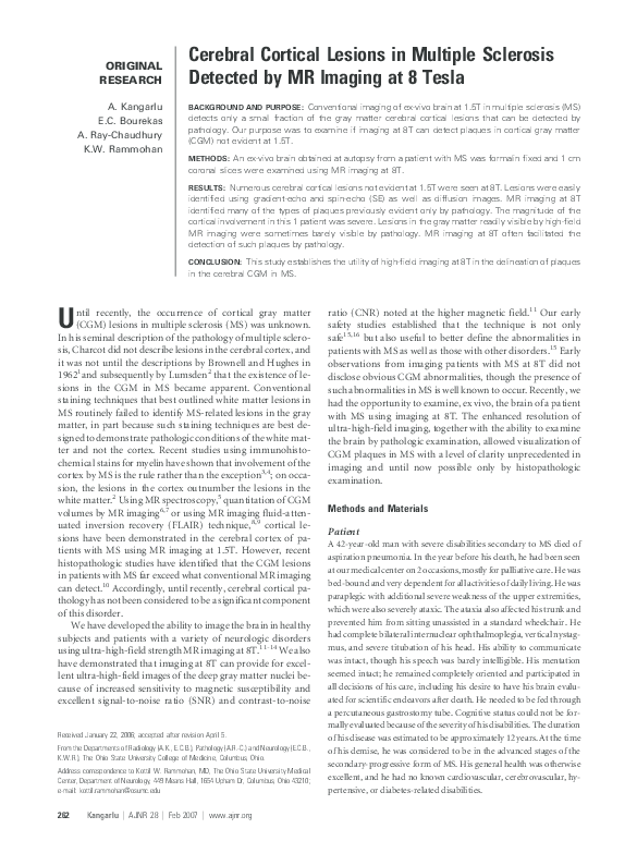 (PDF) Cortical lesions in multiple sclerosis: combined postmortem MR ...