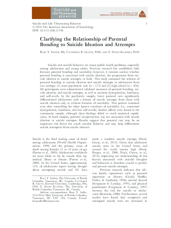 (PDF) Clarifying the Relationship of Parental Bonding to Suicide ...