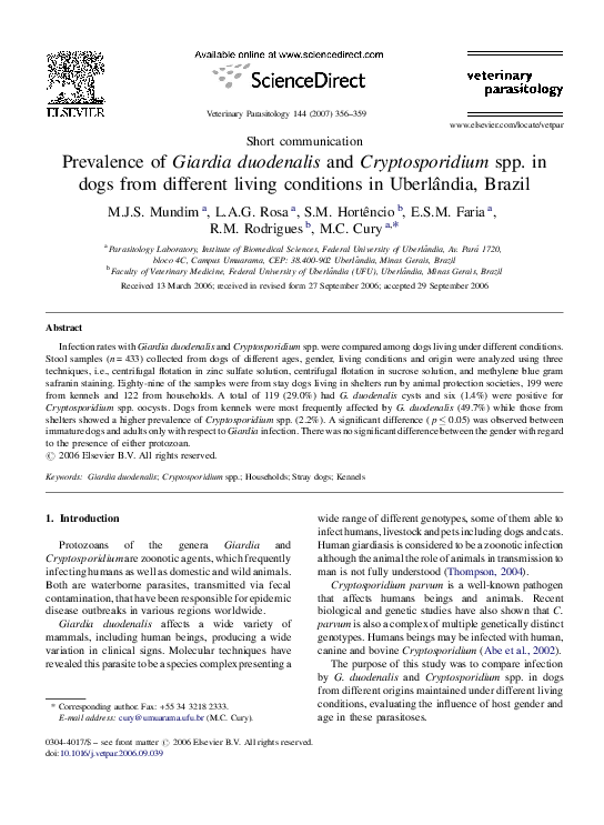 (PDF) Prevalence of Giardia duodenalis and Cryptosporidium spp. in dogs ...