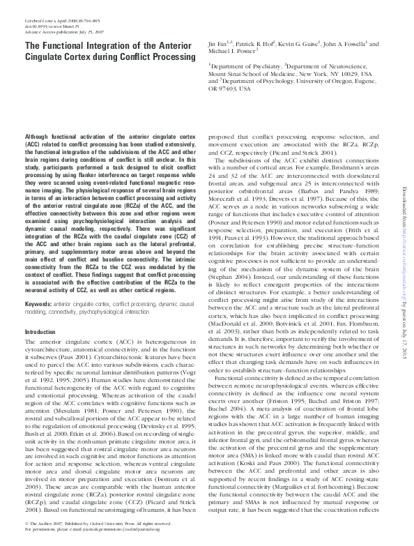(PDF) The Functional Integration of the Anterior Cingulate Cortex ...