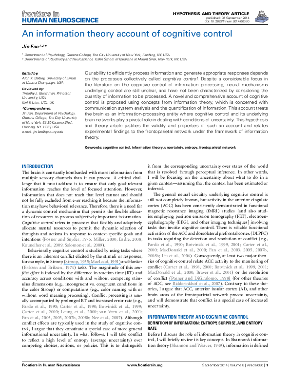 (PDF) An information theory account of cognitive control