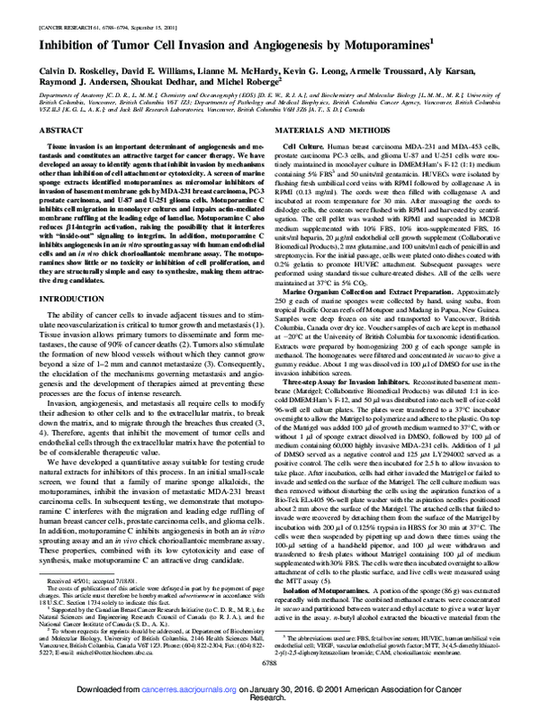 (PDF) Inhibition of tumor cell invasion and angiogenesis by motuporamines