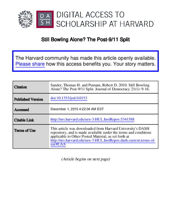 (PDF) Still Bowling Alone? The Post9/11 Split Robert (PDF) Still Bowling Alone? The Post9/11 Split Robert