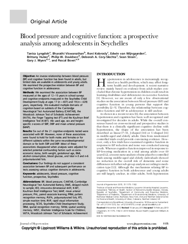 (PDF) Blood pressure and cognitive function