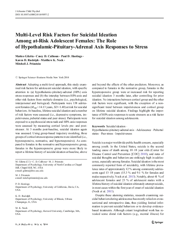 (PDF) Multi-Level Risk Factors for Suicidal Ideation Among at-Risk ...