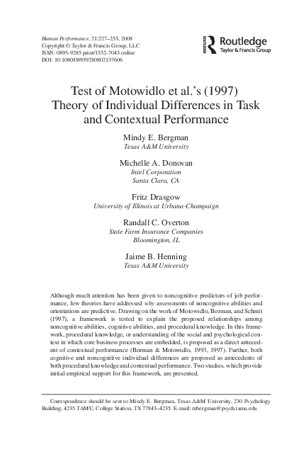 (PDF) Test of Motowidlo et al.'s (1997) Theory of Individual ...