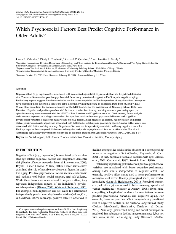(PDF) Which Psychosocial Factors Best Predict Cognitive Performance in ...