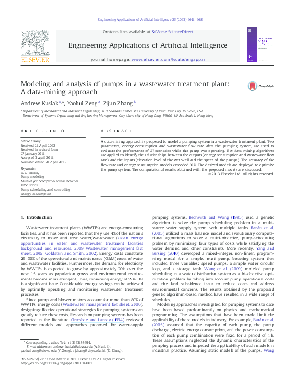 (PDF) Modeling and analysis of pumps in a wastewater treatment plant: A ...