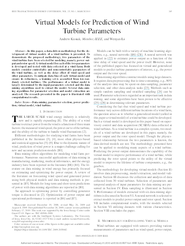 (PDF) Virtual Models for Prediction of Wind Turbine Parameters