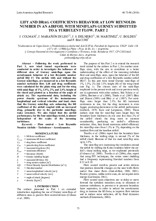 (PDF) Lift and drag coefficients behavior at low reynolds number in an ...
