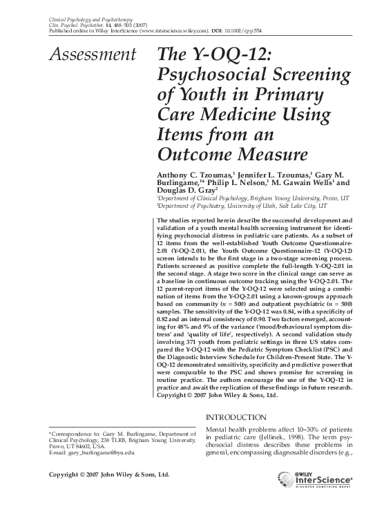 (PDF) The Y-OQ-12: psychosocial screening of youth in primary care ...