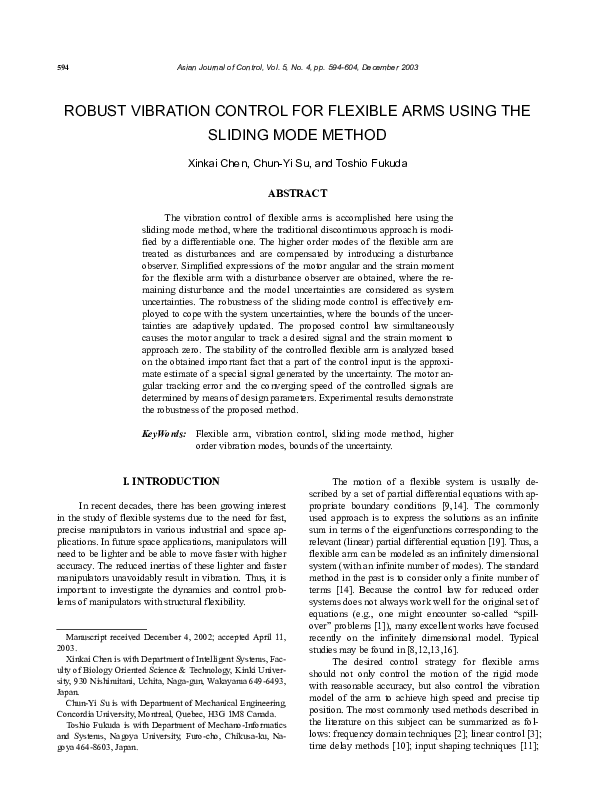 (PDF) Robust Vibration Control for Flexible Arms Using the Sliding Mode Method Chunyi Su