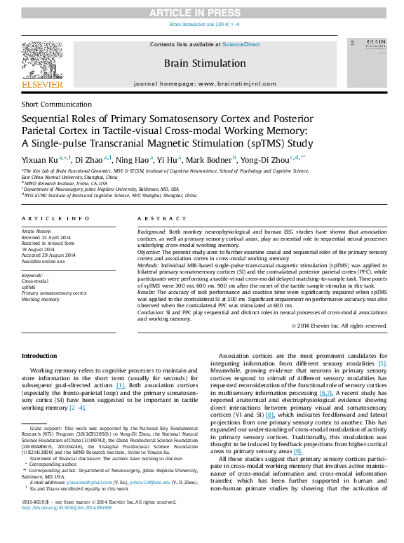 (PDF) Sequential Roles of Primary Somatosensory Cortex and Posterior ...