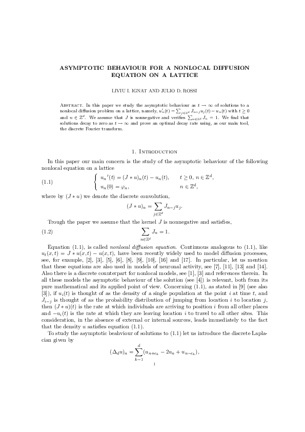 (PDF) Asymptotic behaviour for a nonlocal diffusion equation on a lattice