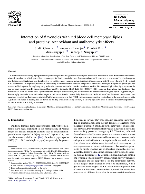 (PDF) Interaction of flavonoids with red blood cell membrane lipids and ...