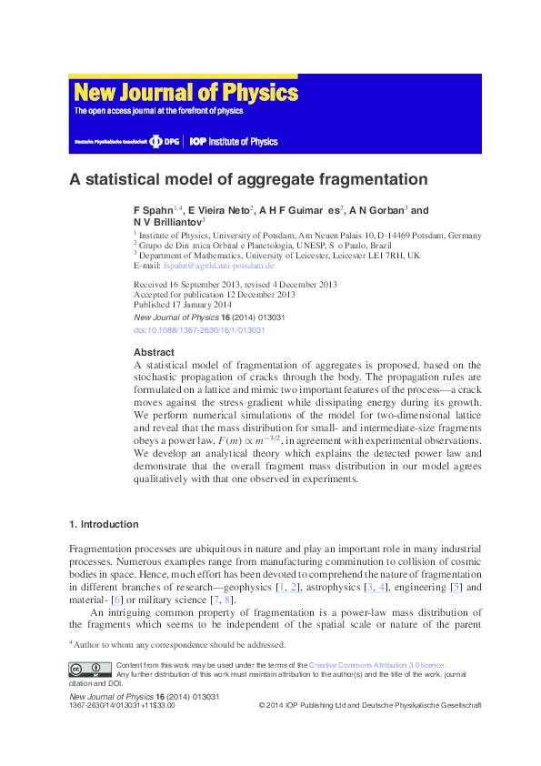 (PDF) A statistical model of aggregate fragmentation