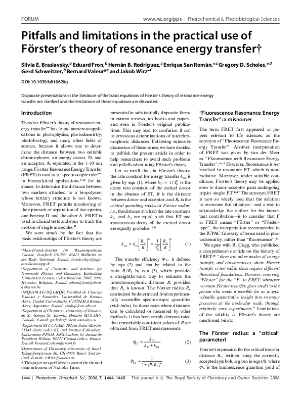 Pdf Pitfalls And Limitations In The Practical Use Of Forster S Theory Of Resonance Energy Transfer Hernan B Rodriguez Academia Edu