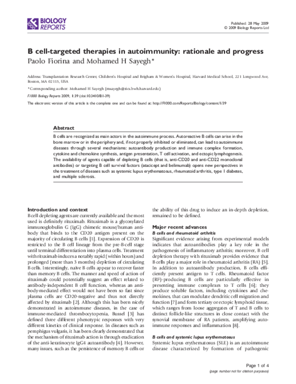 (PDF) B cell-targeted therapies in autoimmunity: rationale and progress