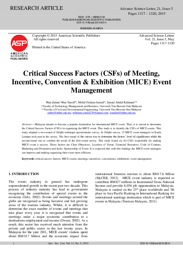 (PDF) Critical Success Factors (CSFs) of Meeting, Incentive, Convention ...