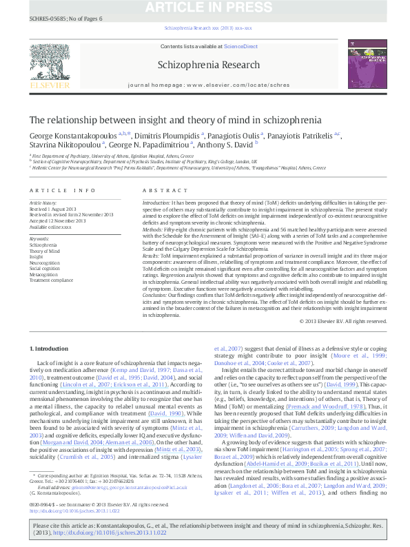 (PDF) The relationship between insight and theory of mind in schizophrenia