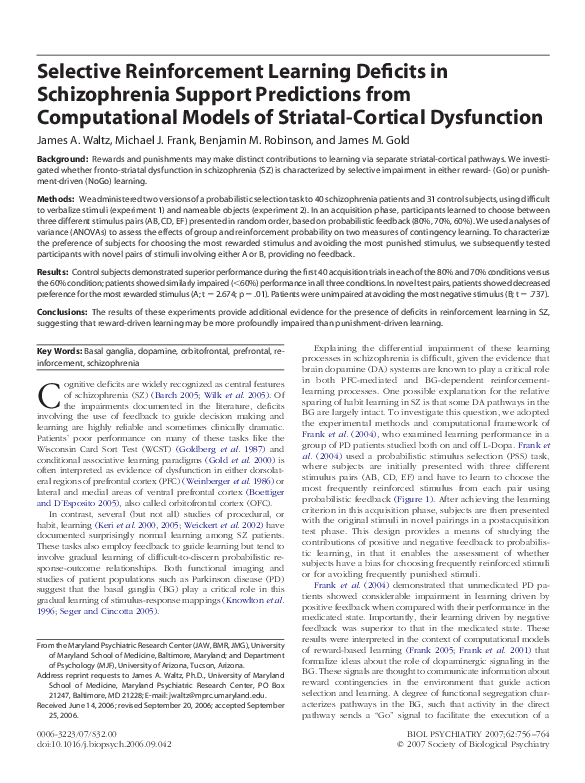 (PDF) Selective Reinforcement Learning Deficits in Schizophrenia ...