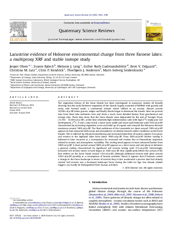 Lacustrine evidence of Holocene environmental change from three Faroese lakes: a multiproxy XRF and stable isotope study