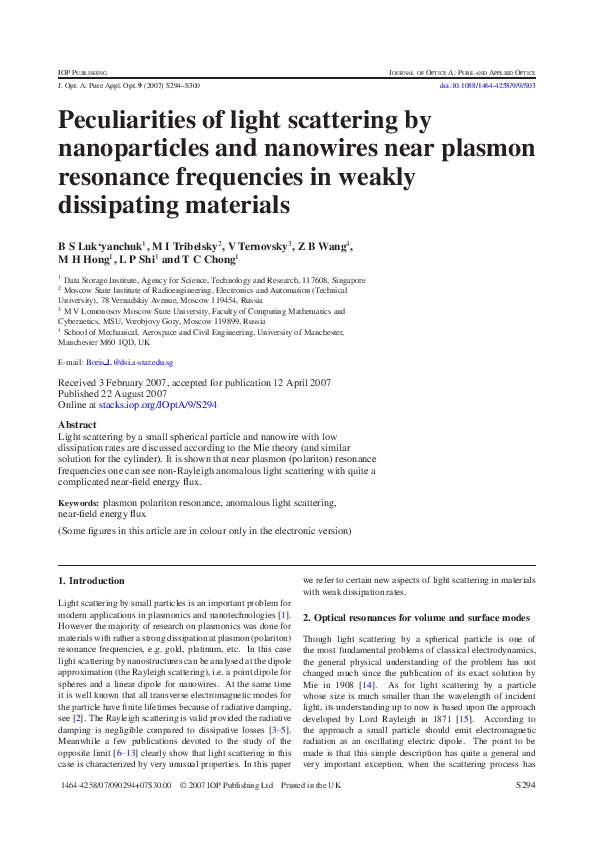(PDF) Peculiarities of light scattering by nanoparticles and nanowires ...