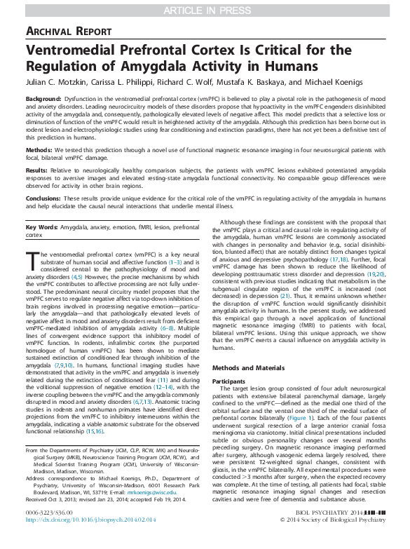 (PDF) Ventromedial Prefrontal Cortex Is Critical for the Regulation of ...