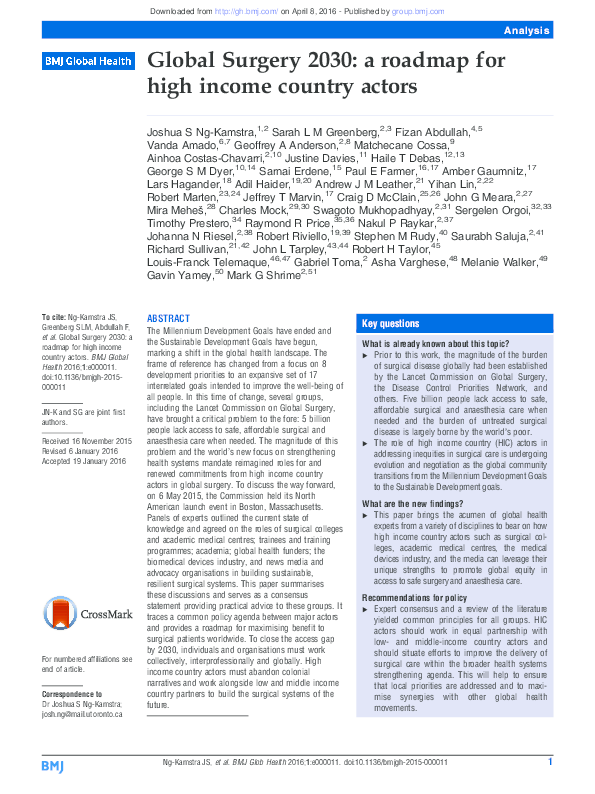 (PDF) Global Surgery 2030 a roadmap for high country actors