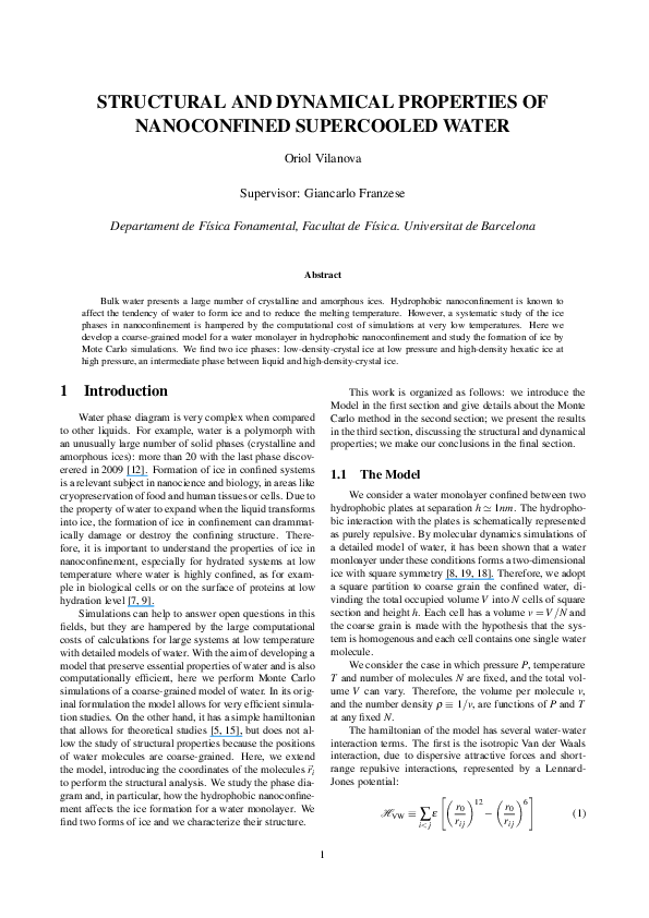 (PDF) Structural and dynamical properties of nanoconfined supercooled water