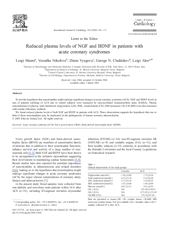 (PDF) Reduced plasma levels of NGF and BDNF in patients with acute ...