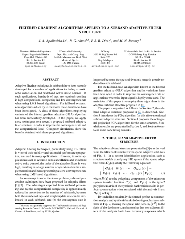 (PDF) Filtered gradient algorithms applied to a subband adaptive filter ...