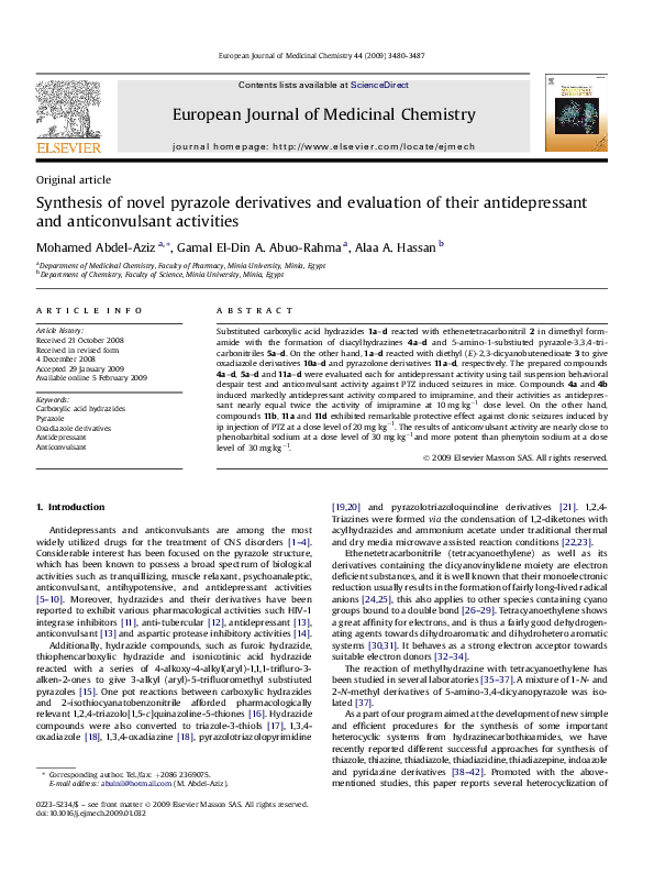 (PDF) Synthesis of novel pyrazole derivatives and evaluation of their ...