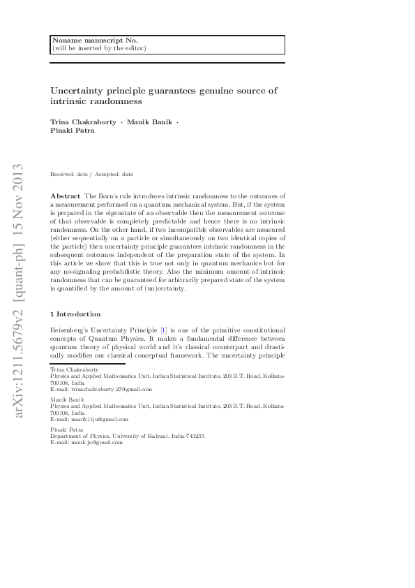 Pdf Uncertainty Principle Guarantees Genuine Source Of Intrinsic Randomness Manik Banik And Trina Chakraborty Academia Edu