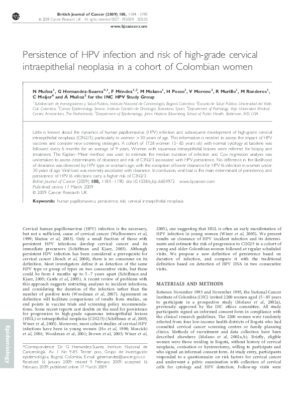 (PDF) Persistence of HPV infection and risk of high-grade cervical ...